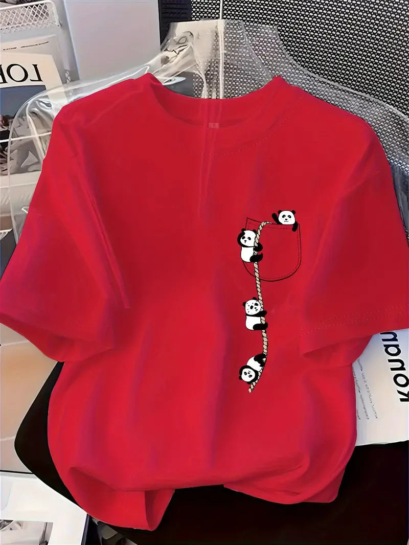 Women'S Cute Panda Print T-Shirt - Soft Knit Fabric, Short Sleeve Crew Neck, Casual & Comfortable Top for Spring & Summer, Red with Black Panda Design, Casual Wear | Playful Design | Comfortable Fit