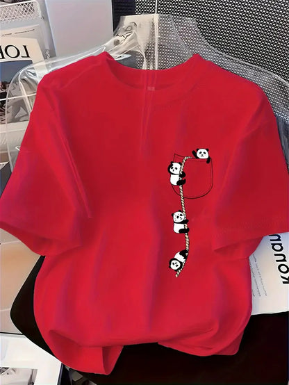 Women'S Cute Panda Print T-Shirt - Soft Knit Fabric, Short Sleeve Crew Neck, Casual & Comfortable Top for Spring & Summer, Red with Black Panda Design, Casual Wear | Playful Design | Comfortable Fit