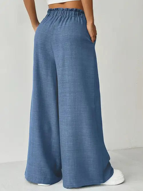 Women's High-Waist Wide Leg Casual Pants with Tie Belt & Pockets - Solid Dark Blue, Loose Fit for Spring/Summer, Machine Washable