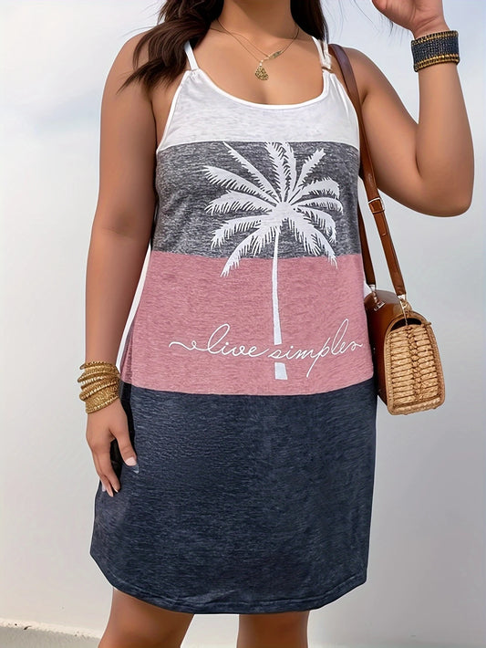 Plus Size Colorblock Cami Dress with Coconut Tree Print - Casual Sleeveless Dress for Spring & Summer, Women's Plus Size Clothing, Beach Vacation Wear|Tropical Theme Dress|Comfortable Fit