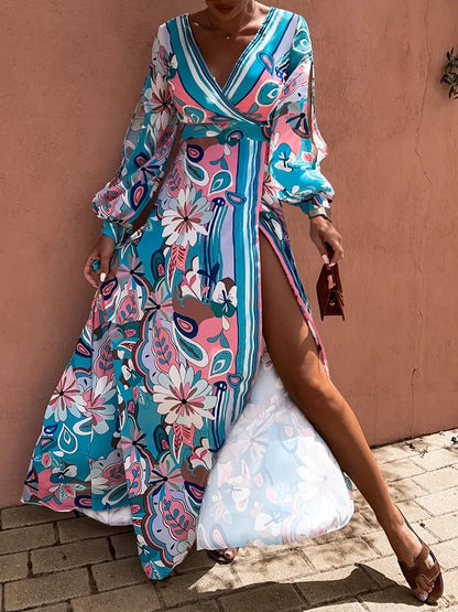 Women's Plus Size Floral Print V-Neck Maxi Dress with High Thigh Slit - Casual Long Sleeve Flowy Dress for Spring & Fall, Lightweight Polyester, Vibrant Pink & Blue Floral Pattern, Floral Dress