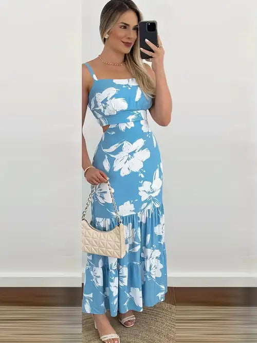 Women'S Elegant Blue Floral Print Maxi Dress with Ruffle Detail - Perfect for Beach, Holiday, and Street Style, Summer Fashion, Beach Coverup|Floral Print Dress|Ruffle Detail Dress