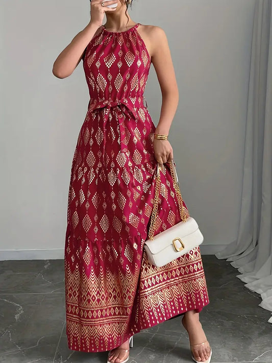 [Vacation Style] Women's Red Geometric Print Halter Neck Sleeveless A-Line Maxi Dress | Lightweight Polyester | Vacation Style