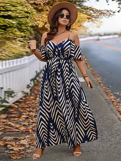 1902 Plus Size Off-Shoulder Peplum Dress - Elegant Navy & White Striped Maxi Dress with High Slit, Perfect for Summer, Casual to Formal Attire, Casual Attire|Peplum Hemline|Strapless Design