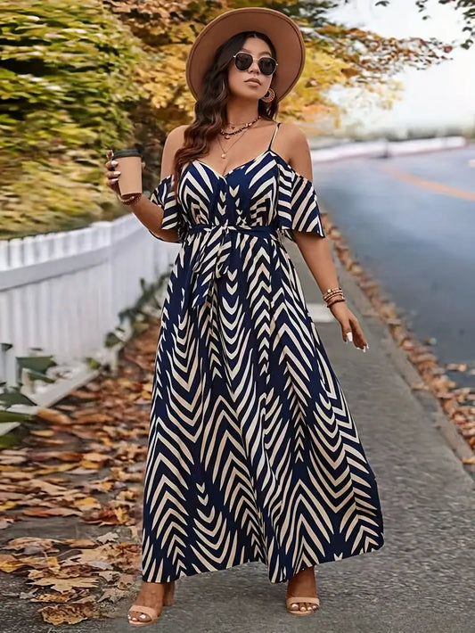 1902 Plus Size Off-Shoulder Peplum Dress - Elegant Navy & White Striped Maxi Dress with High Slit, Perfect for Summer, Casual to Formal Attire, Casual Attire|Peplum Hemline|Strapless Design