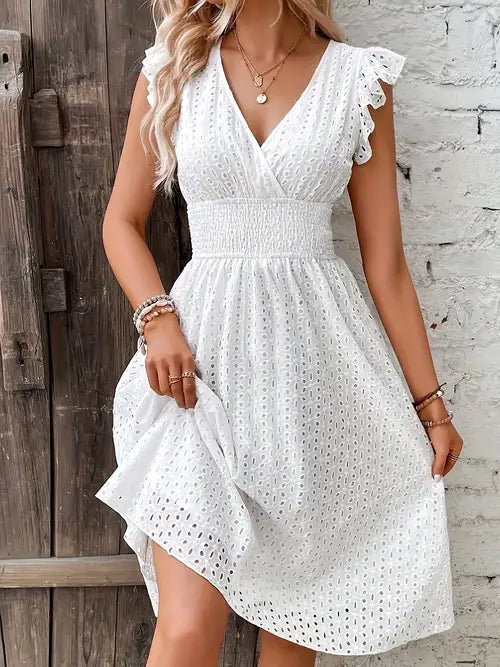 Vibrant Skater Dress - Shirred Waist, V-Neck, Ruffle Sleeve, Solid Color, Polyester, Woven, No Elasticity, Perfect for Vacation, Spring, Summer, Wedding, Graduation, Engagement, Occasion, Ceremony, Party, Holiday, Birthday
