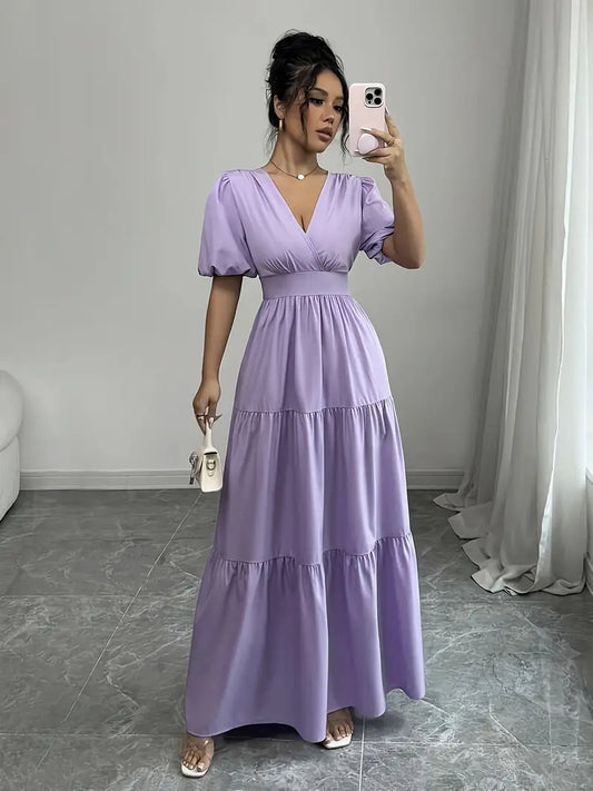 Elegant Lavender V-Neck Maxi Dress with Ruffled Hem and Puff Sleeves - Cinched Waist, Flowy Design, Machine Washable - Perfect for Casual or Formal Occasions