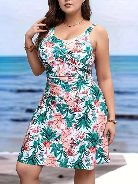 Women'S Plus Size Tropical Floral Swimsuit - High Stretch, Mature & Conservative Tankini with Vibrant Pink, Green & White Print, Perfect for Beach & Pool, Beach Swimsuit|Tropical Print|Highstretch Fabric
