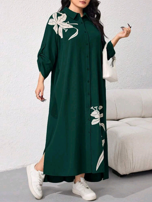 Mulvari Plus Size Women Floral Print Roll Up Sleeve Single Breasted Loose Casual Shirt Dress, Spring/Autumn, For Christmas Long Shirt Dress For Women, For Summer
