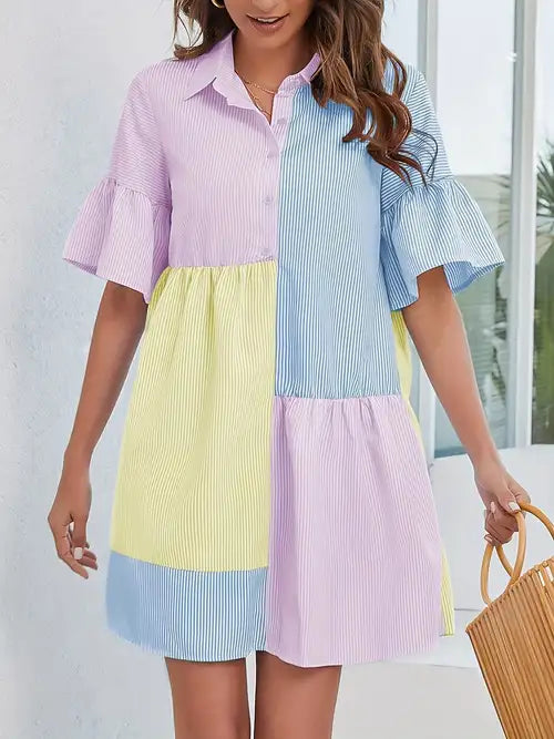 [Short Sleeve Spring Dress] Striped Colorblock Button Up Shirt Dress, Casual Short Sleeve Dress For Spring & Summer, Women's Clothing