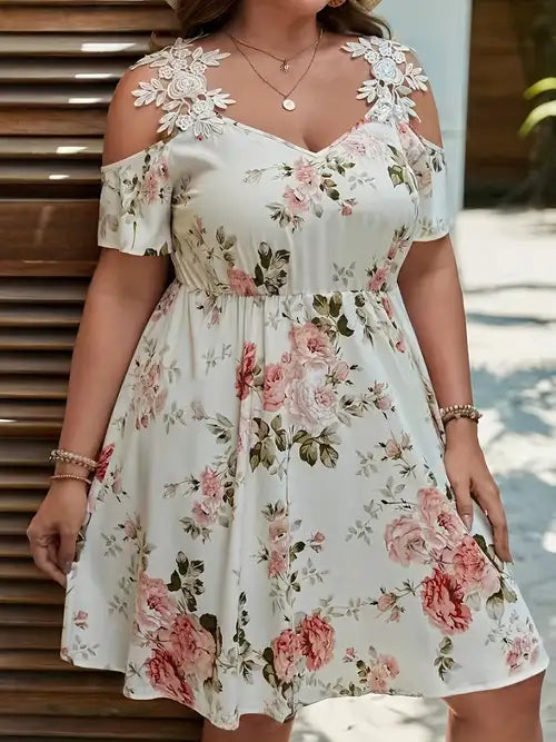 1pc Plus Size Floral Print Dress with Off-Shoulder Lace Detail, Vacation Style, Polyester, Non-Stretch, All-Season, A-Line Waist Skater Dress