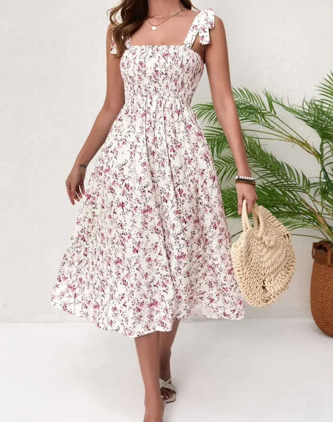 Women's Floral Print Dress - Elegant Sleeveless Backless Dress with Ruffled Neckline, Machine Washable All-Season Versatile Casual & Formal Wear, Floral Dress