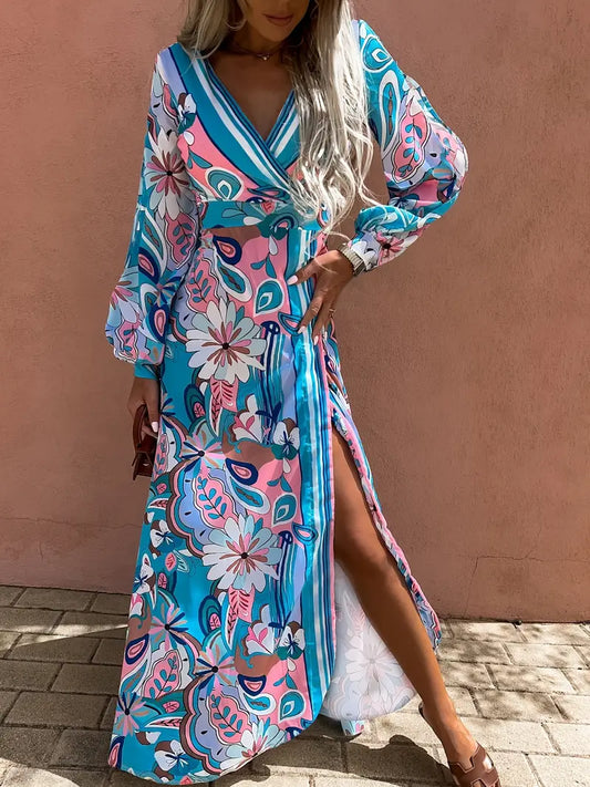 Women's Plus Size Floral Print V-Neck Maxi Dress with High Thigh Slit - Casual Long Sleeve Flowy Dress for Spring & Fall, Lightweight Polyester, Vibrant Pink & Blue Floral Pattern, Floral Dress
