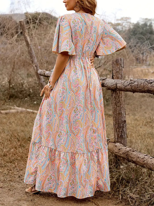 Women'S Plus Size Bohemian Style Dress with Colorful Paisley Print, V-Neck, Ruffle Sleeves - Casual Vacation Attire, Versatile Fashion|Bohemian Style Dress|Nonstretch Fabric, Plus Size Dress
