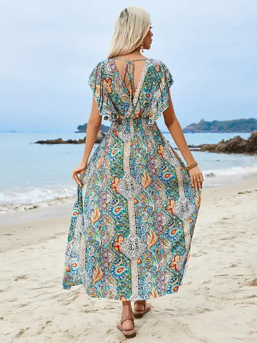 1pc Elegant Floral Print V-Neck Midi Dress with Ruffled Sleeves - Lightweight Polyester Blend, A-Line Silhouette, Perfect for Summer Beach Parties and Casual Outings, Relaxed Coastal Style | Geometric Pattern | Glossy Fabric, Beach Dress