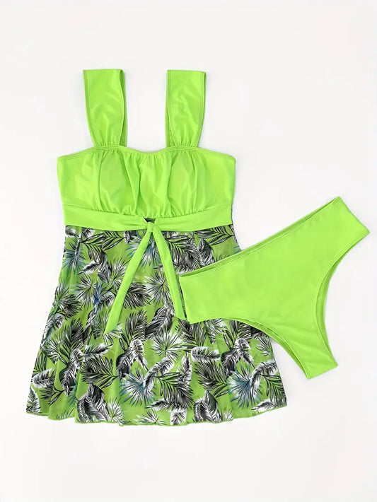 Size Boho Tankini Set, Women's Plus Tropical Print Square Neck Tie Front Dress & Panty Swimsuit Two Piece Set
