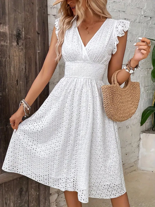 Vibrant Skater Dress - Shirred Waist, V-Neck, Ruffle Sleeve, Solid Color, Polyester, Woven, No Elasticity, Perfect for Vacation, Spring, Summer, Wedding, Graduation, Engagement, Occasion, Ceremony, Party, Holiday, Birthday