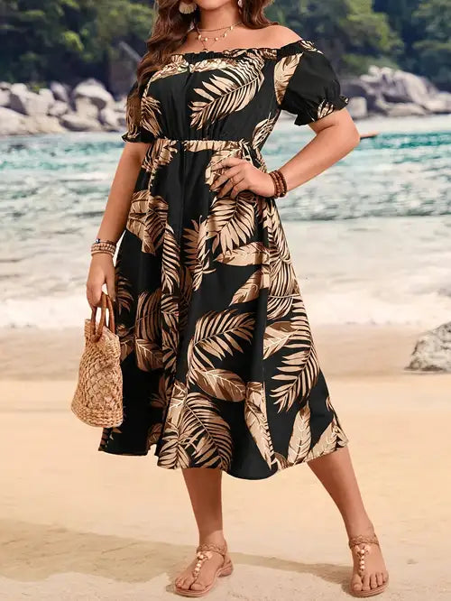 Plus Size Off the Shoulder Geometric-Patterned Polyester Dress, Summer Casual Fitted Woven 130g/m² Fabric, Non-Stretch Beach Maxi Dress