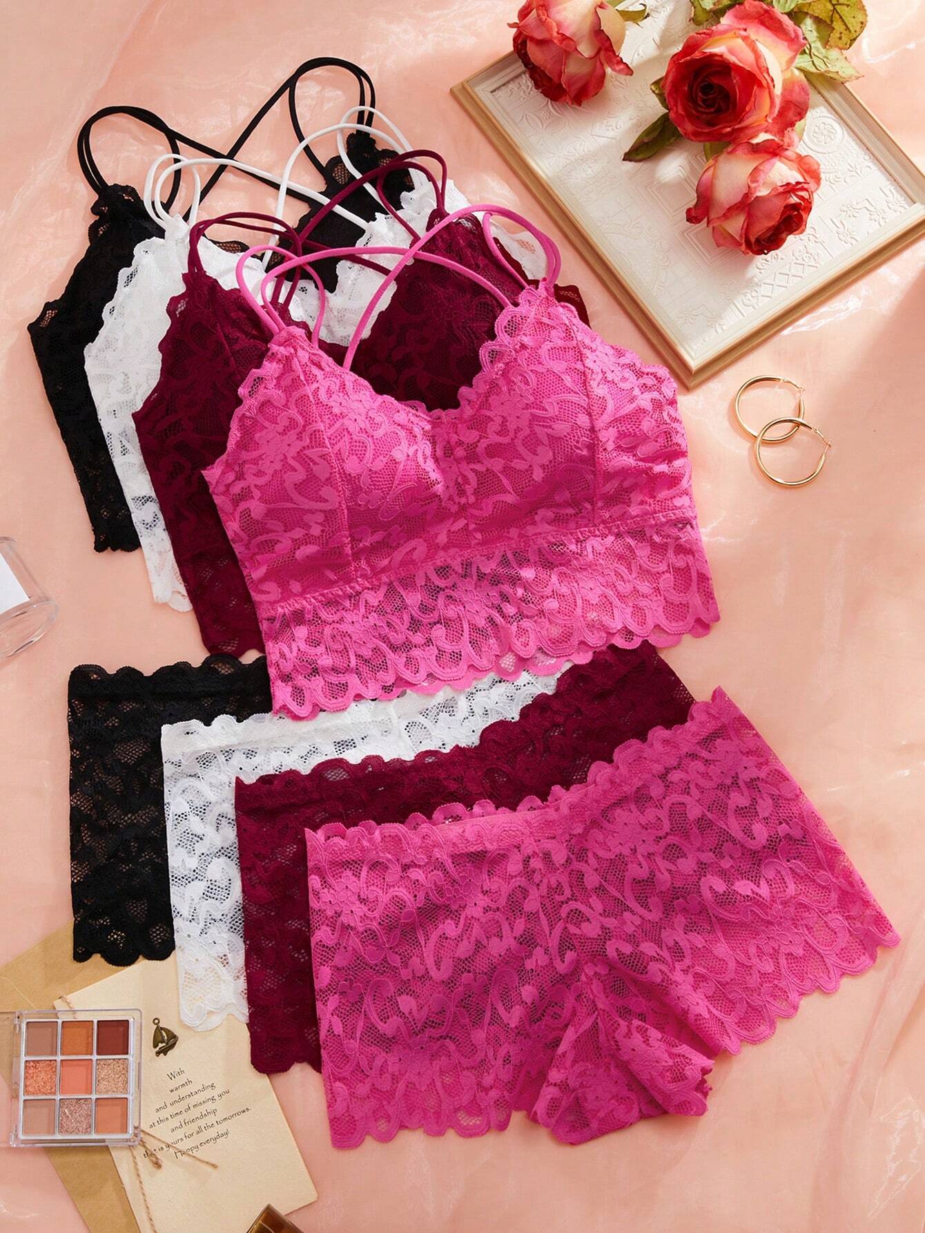 Shein Underwear&Sleepwear Basics 4pcs/Set Lace Wireless Bra And Panties Set Lingerie Set Lingerie Setswomen Sexy Lingerie Setswomen Lingerie Set