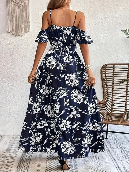 Plus Size Women's Off-Shoulder V-Neck Sleeveless Dress with High-Low Hem Slit & White Floral Print - Breathable Machine-Washable Resort Vacation Dress for Spring/Summer