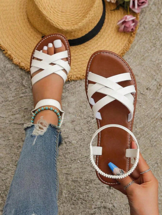 Women Criss Cross Ankle Strap Sandals, Elegant Black Flat Sandals