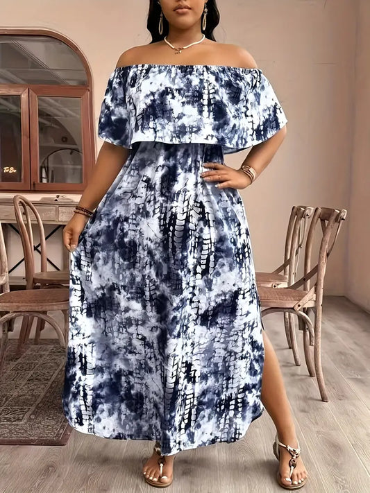 Plus Size Off-Shoulder Tie-Dye Maxi Dress - Elegant Blue & Black Print, High-Waisted A-Line Cut, Stretch Polyester Fabric, Machine Washable - Spring/Summer Women’s Fashion