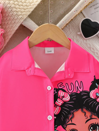 Chic Pink Girls' Summer Shirt - Lightweight, Cartoon Print, Short Sleeve with Collar, Button-Up Long Blouse for Casual Wear - Machine Washable, Polyester