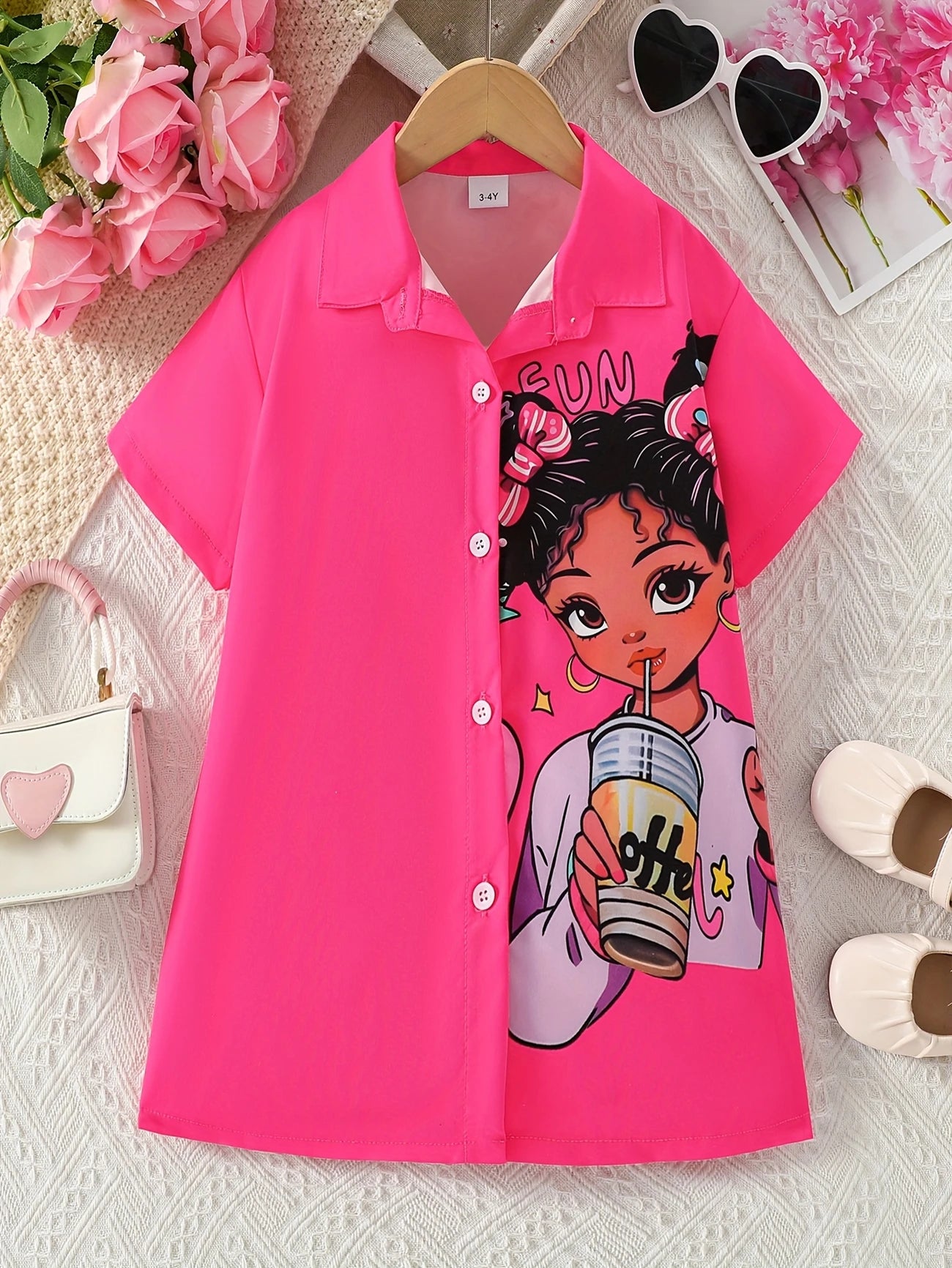 Chic Pink Girls' Summer Shirt - Lightweight, Cartoon Print, Short Sleeve with Collar, Button-Up Long Blouse for Casual Wear - Machine Washable, Polyester