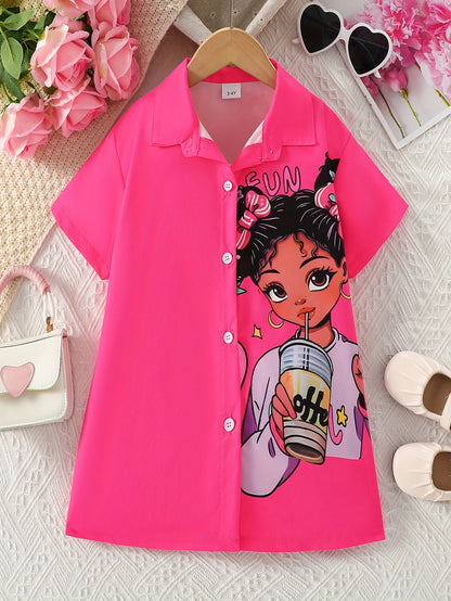 Chic Pink Girls' Summer Shirt - Lightweight, Cartoon Print, Short Sleeve with Collar, Button-Up Long Blouse for Casual Wear - Machine Washable, Polyester