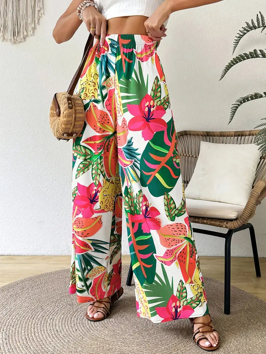 Women's Elastic Waist Tropical Floral Print Wide-Leg Pants - Lightweight Breathable Summer Casual Lounge Pants for Vacation & Casual Attire, Machine Washable