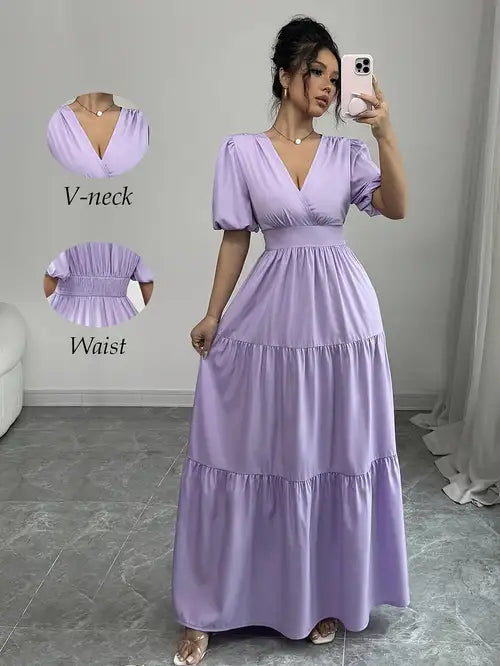 Elegant Lavender V-Neck Maxi Dress with Ruffled Hem and Puff Sleeves - Cinched Waist, Flowy Design, Machine Washable - Perfect for Casual or Formal Occasions