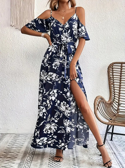Plus Size Women's Off-Shoulder V-Neck Sleeveless Dress with High-Low Hem Slit & White Floral Print - Breathable Machine-Washable Resort Vacation Dress for Spring/Summer