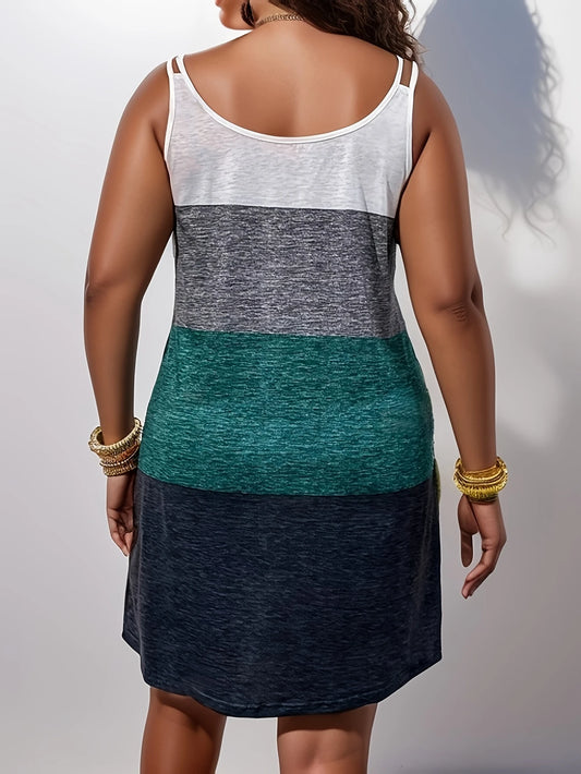 Plus Size Colorblock Cami Dress with Coconut Tree Print - Casual Sleeveless Dress for Spring & Summer, Women's Plus Size Clothing, Beach Vacation Wear|Tropical Theme Dress|Comfortable Fit