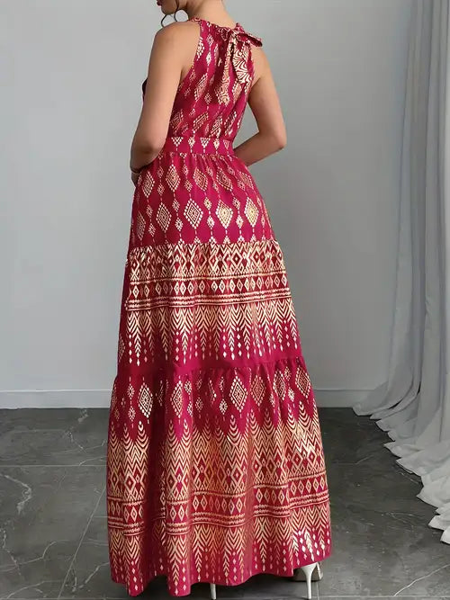 [Vacation Style] Women's Red Geometric Print Halter Neck Sleeveless A-Line Maxi Dress | Lightweight Polyester | Vacation Style
