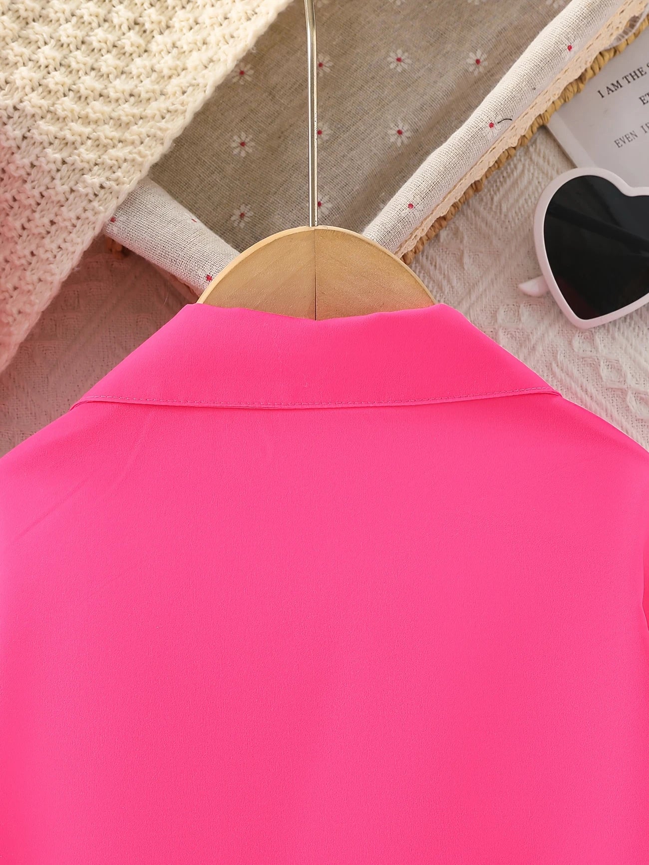 Chic Pink Girls' Summer Shirt - Lightweight, Cartoon Print, Short Sleeve with Collar, Button-Up Long Blouse for Casual Wear - Machine Washable, Polyester