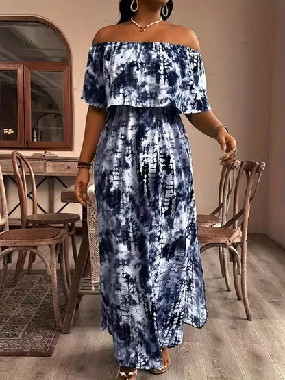 Plus Size Off-Shoulder Tie-Dye Maxi Dress - Elegant Blue & Black Print, High-Waisted A-Line Cut, Stretch Polyester Fabric, Machine Washable - Spring/Summer Women’s Fashion