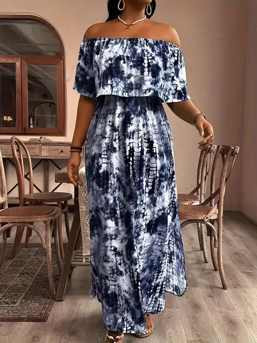 Plus Size Off-Shoulder Tie-Dye Maxi Dress - Elegant Blue & Black Print, High-Waisted A-Line Cut, Stretch Polyester Fabric, Machine Washable - Spring/Summer Women’s Fashion
