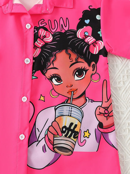 Chic Pink Girls' Summer Shirt - Lightweight, Cartoon Print, Short Sleeve with Collar, Button-Up Long Blouse for Casual Wear - Machine Washable, Polyester