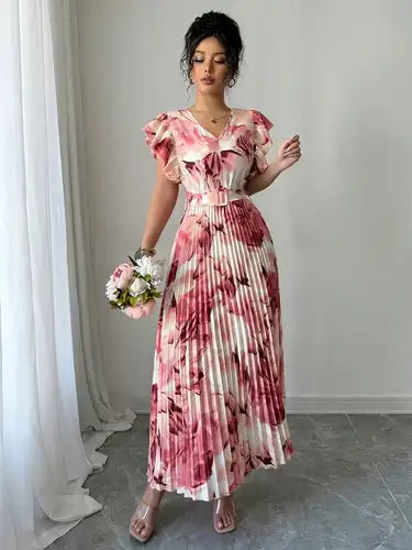 Women's Elegant Tie-Dye Floral Print V-Neck Long Sleeve Dress with Pleated Waist & Flared Hem - A-Line Machine Washable Casual Vacation Dress for Spring Summer Fall, Cute Summer Dresses, Spring Fashion, Comfortable Fashion