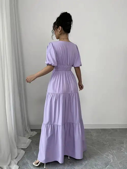 Elegant Lavender V-Neck Maxi Dress with Ruffled Hem and Puff Sleeves - Cinched Waist, Flowy Design, Machine Washable - Perfect for Casual or Formal Occasions