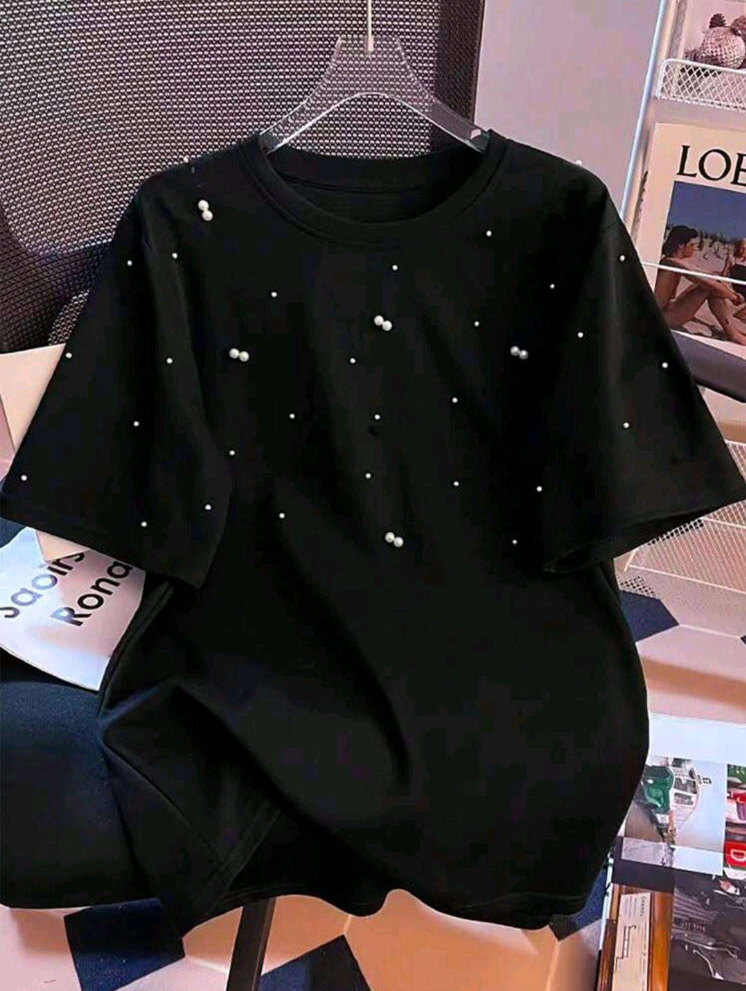 SHEIN MOOSTA Plus Size Women's Casual Round Neck Beaded Decor Summer T-Shirt