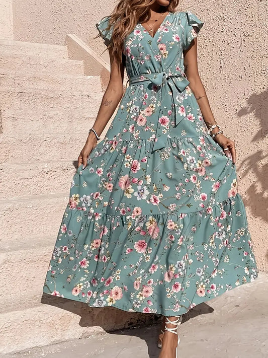 Women'S Floral Print Sleeveless Dress with Butterfly Sleeves, Lace-Up Detail, Ruffled Waistband - Perfect for Summer Vacation, Casual Attire, Vacation Attire | Floral Print Dress | Laceup Detail, Casual Dress
