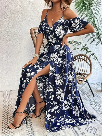 Plus Size Women's Off-Shoulder V-Neck Sleeveless Dress with High-Low Hem Slit & White Floral Print - Breathable Machine-Washable Resort Vacation Dress for Spring/Summer