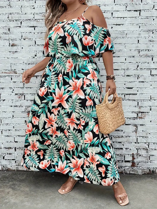 Women'S Plus Size Off-Shoulder Floral Maxi Dress - Black with Vibrant Orange & Green Flowers, Lightweight Non-Stretch Fabric, Perfect for Spring/Summer, Casual Attire|Floral Print Dress|Strapless Neckline, Plus Size Dress