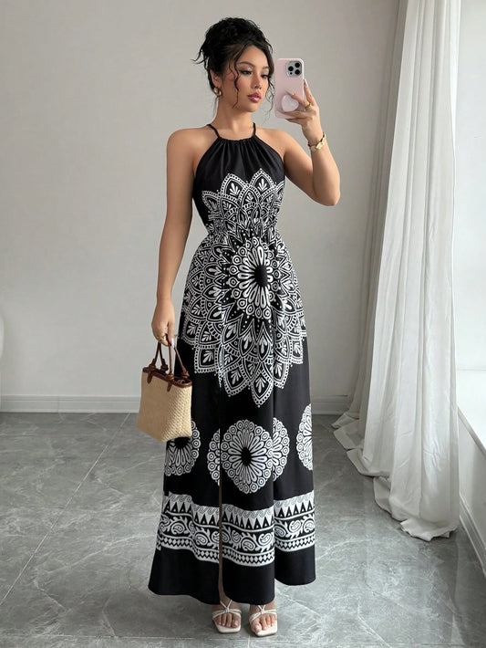 Elenzga Women's Elegant Fashion Charming Beach Resort Casual Vacation Sleeveless V-Neck Waist Defined Printed Maxi Dress