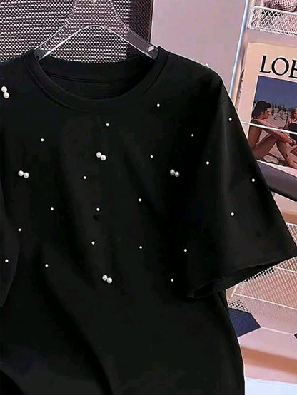 SHEIN MOOSTA Plus Size Women's Casual Round Neck Beaded Decor Summer T-Shirt