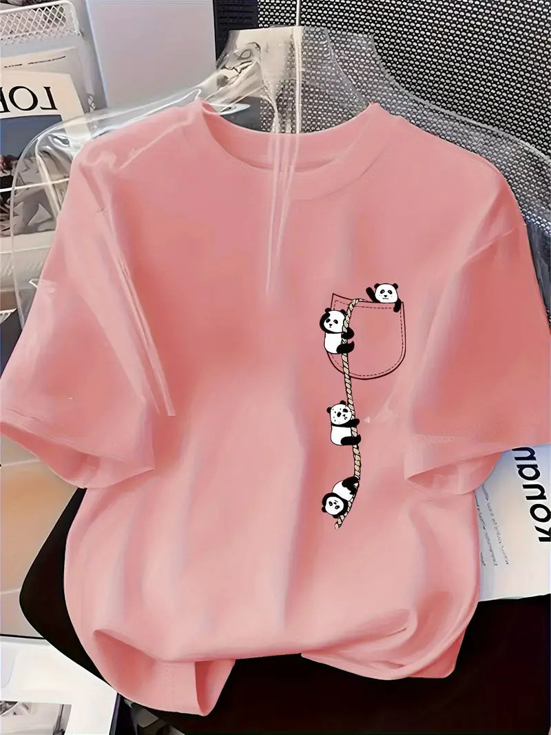 Women'S Cute Panda Print T-Shirt - Soft Knit Fabric, Short Sleeve Crew Neck, Casual & Comfortable Top for Spring & Summer, Red with Black Panda Design, Casual Wear | Playful Design | Comfortable Fit