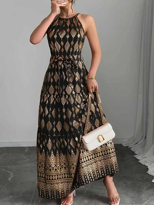 [Vacation Style] Women's Red Geometric Print Halter Neck Sleeveless A-Line Maxi Dress | Lightweight Polyester | Vacation Style