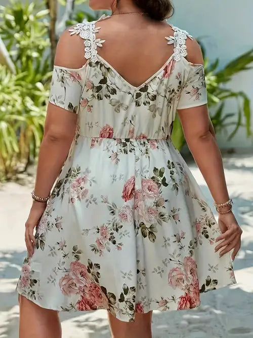 1pc Plus Size Floral Print Dress with Off-Shoulder Lace Detail, Vacation Style, Polyester, Non-Stretch, All-Season, A-Line Waist Skater Dress