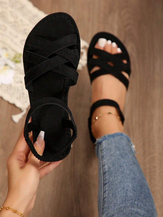 Women Criss Cross Ankle Strap Sandals, Elegant Black Flat Sandals